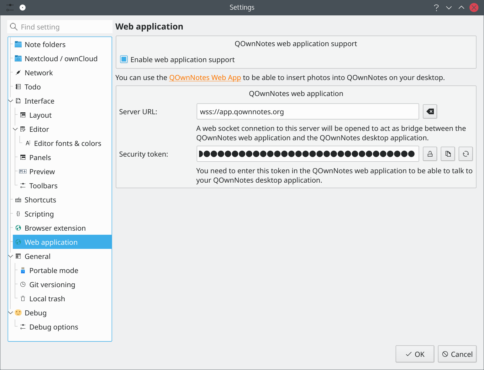 Impostazioni dell'applicazione web QOwnNotes