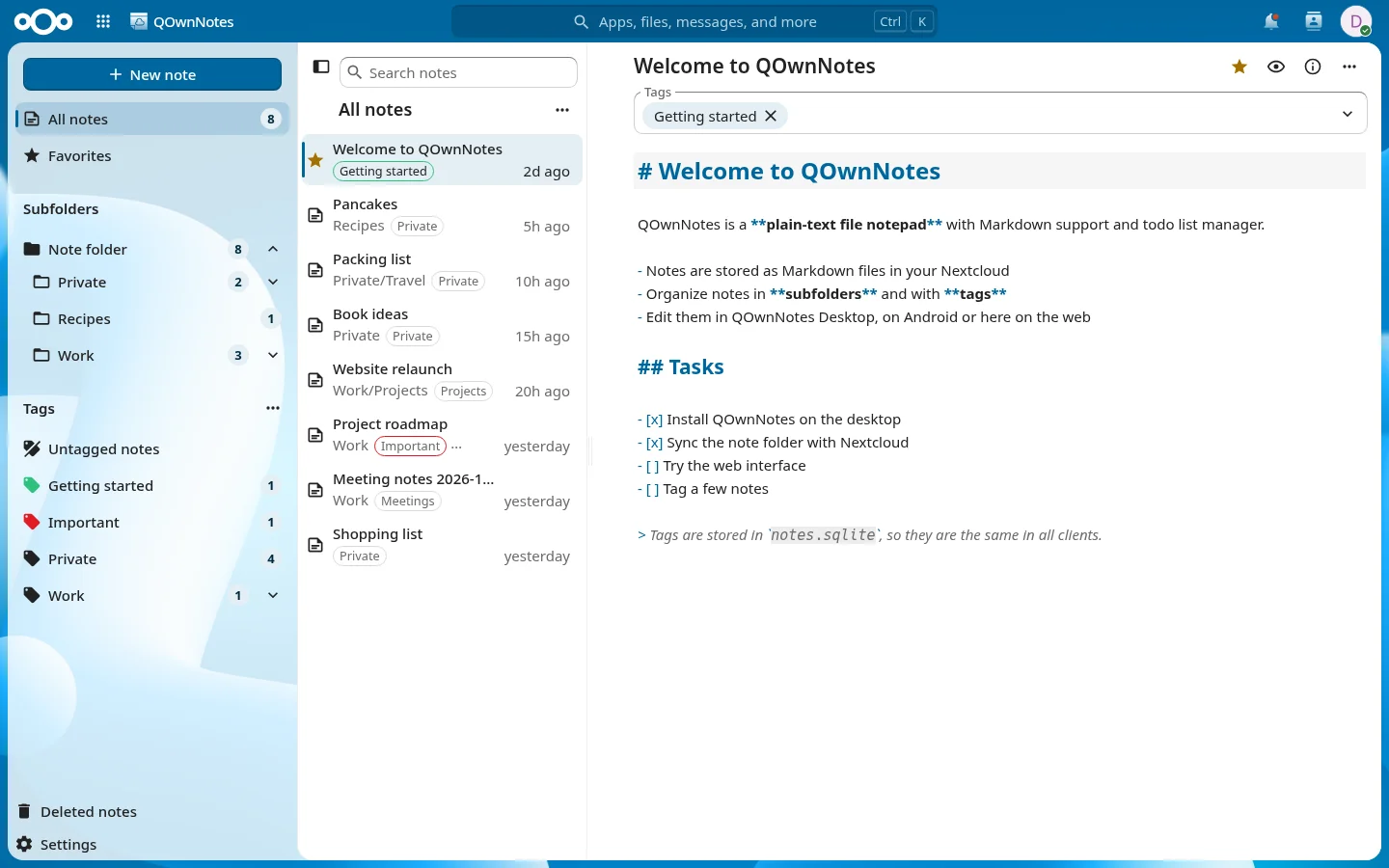 QOwnNotes for Nextcloud with Markdown editor, note subfolders and tags